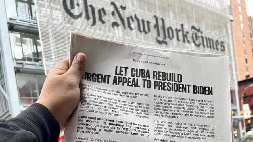 Anuncio pagado en 'The New York Times' en favor del régimen cubano, el pasado domingo. (Cubadebate)