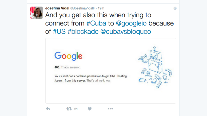 Uno de los tuits de Vidal denunciando el bloqueo de páginas estadounidenses para Cuba