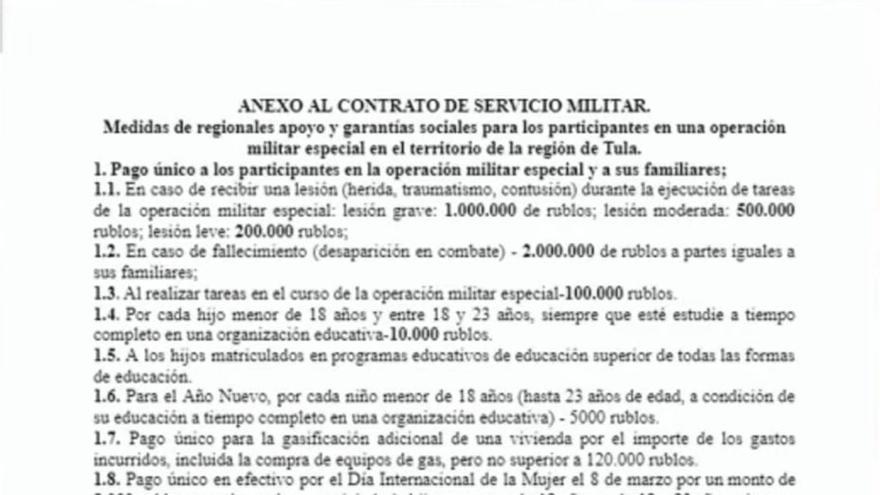 Anexo de las condiciones del contrato firmado por los reclutas cubanos para combatir con Rusia. 