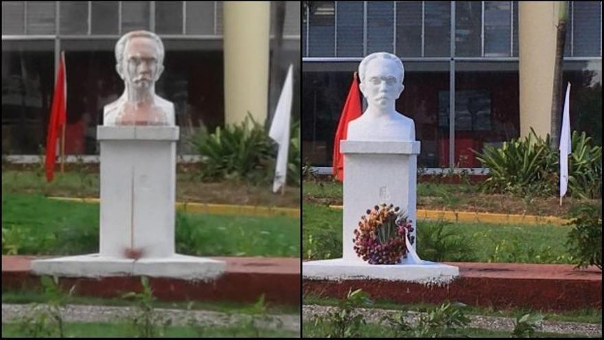 Busto de José Martí a las afueras del Ministerio de Transporte, a la izquierda foto tomada por Enrique Sánchez el 1 de enero y a la derecha una imagen de 14ymedio el 4 de enero. (14ymedio)