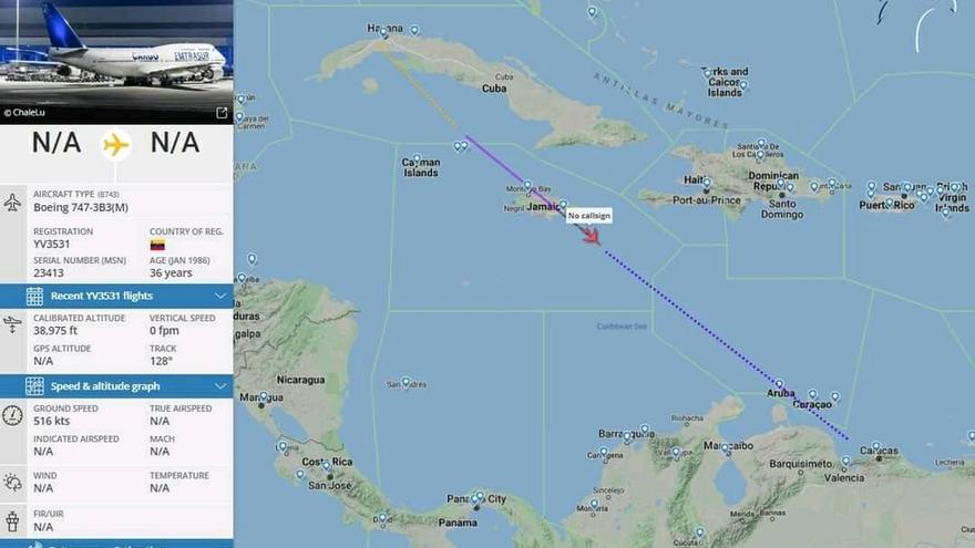 Captura de la ruta del vuelo matrícula YV3531 entre Caracas y La Habana. (Facebook amantes de la aviación cubana)