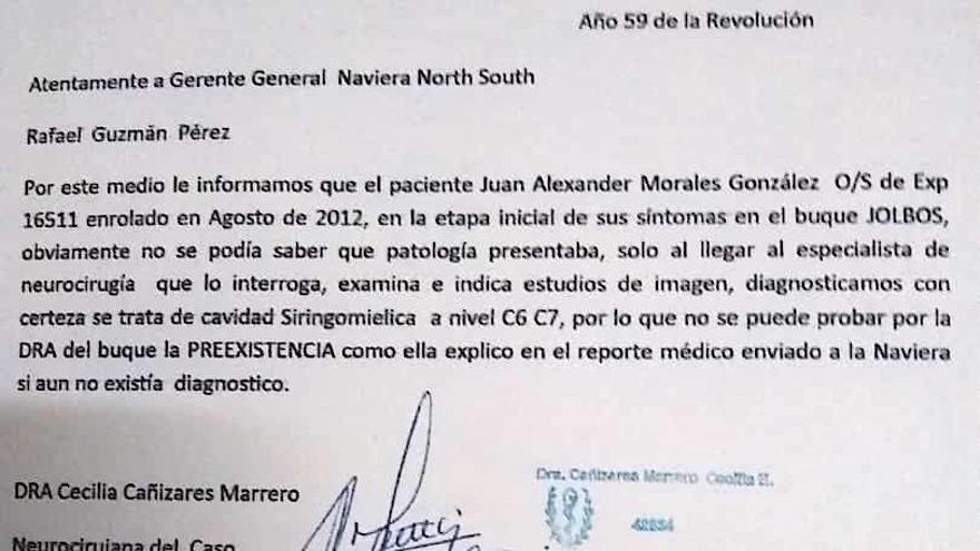 Certificado firmado por la neurocirujana Cecilia Cañizares, con fecha del 13 de diciembre de 2017. (Cortesía)