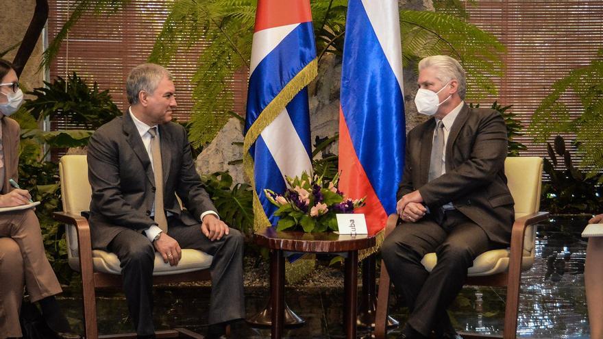 Miguel Díaz-Canel este miércoles con Viacheslav Volodin, presidente de la Duma rusa. (Ministerio de Relaciones Exteriores)
