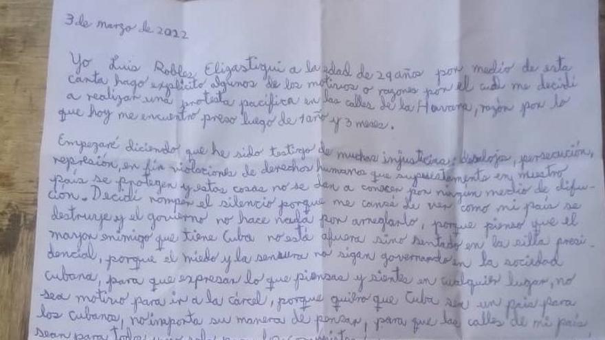 Fragmento de la carta entregada por Luis Robles a su hermano, Landy Fernández. (CubaNet)