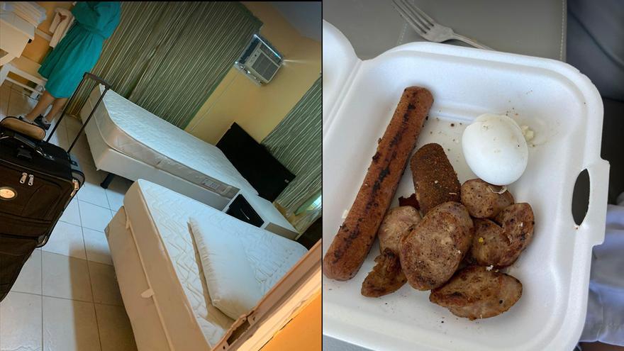 Imágenes de la habitación y una de las comidas que ofrecieron a las turistas canadienses durante su aislamiento tras dar positivo a covid-19. (Collage) 