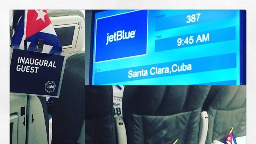 Interior del avión de JetBlue que inaugura los vuelos regulares a la Isla entre EE UU y Cuba por primera vez desde 1961. (Twitter/@Im_Adelkis)