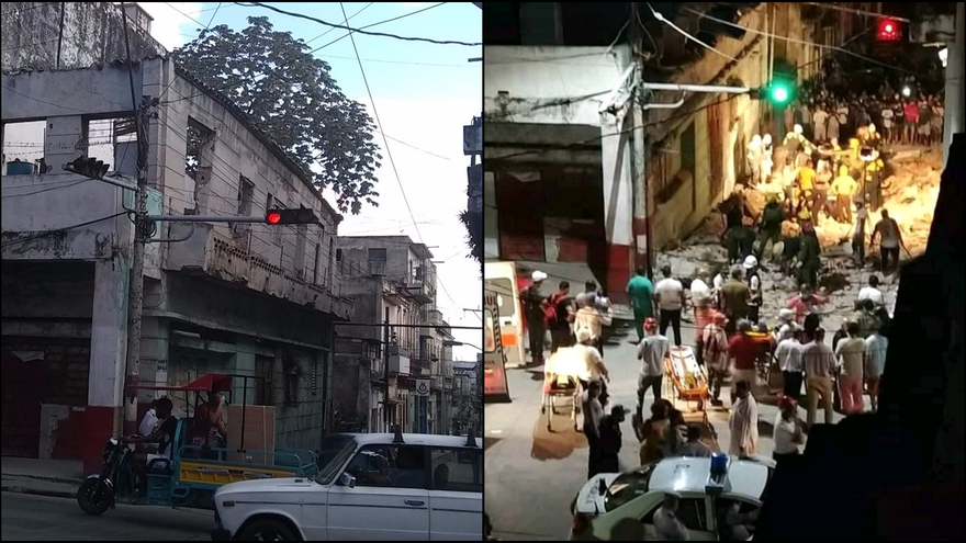 Antes y después de ocurrir el derrumbe, así se veía el inmueble en el barrio de Jesús María, en La Habana Vieja. (Collage)