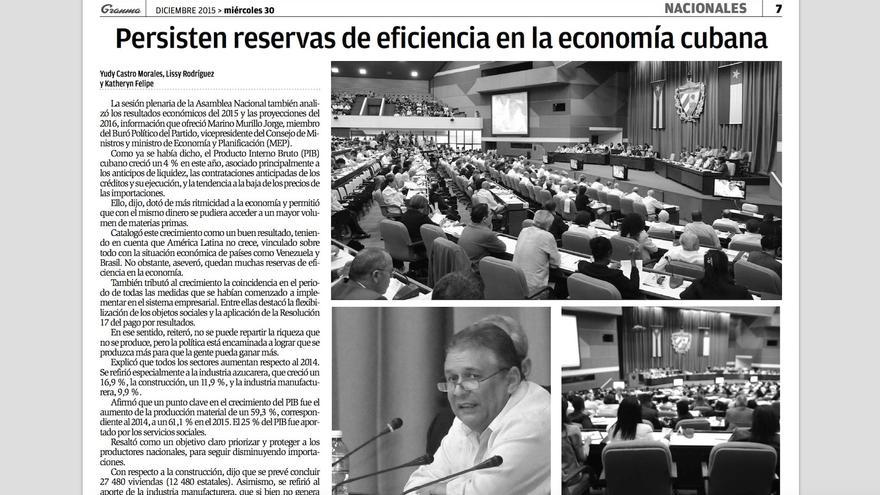 "Persisten reservas de eficiencias en la economía cubana", 'Granma', 30 de diciembre de 2015