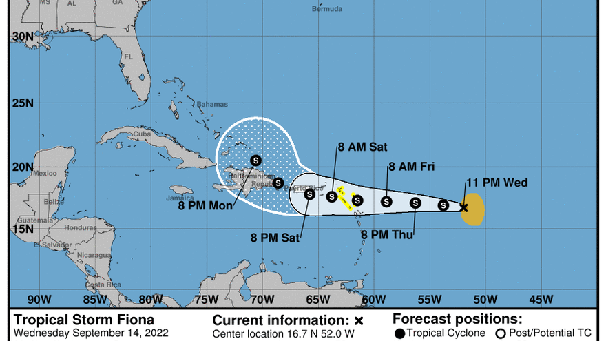 Fiona, se dirige hacia el oeste-noroeste en ruta hacia Islas Vírgenes, Puerto Rico, República Dominicana y norte de Cuba, con efectos de vientos y lluvias durante el próximo fin de semana. (NOAA)