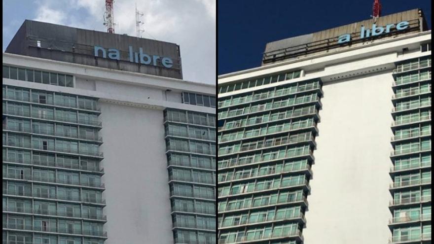 El emblemático cartel del hotel Habana Libre ha perdido varias letras en los últimos días. (Facebook/14ymedio)