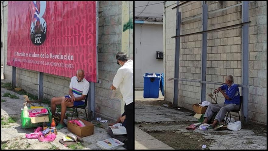 La misma imagen del anciano en una esquina de Centro Habana, la izquierda del pasado 11 de mayo, la de la derecha, este jueves. (14ymedio)