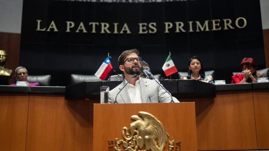 Gabriel Boric reivindicó en el Senado mexicano la historia latinoamericana común en cooperación social, económica, cultural y de defensa de los derechos humanos. (@gabrielboric)