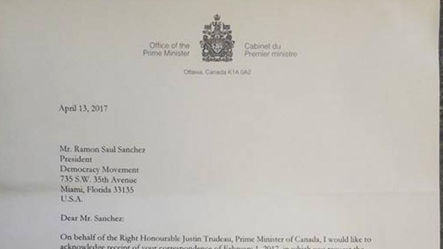 Carta remitida por el Gobierno de Canadá al Movimiento Democracia, dando acuse de recibo a la petición de asilo para los cubanos varados. (Cortesía)