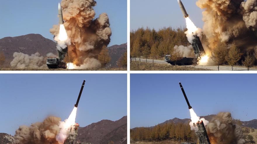 KCNA publicó una foto del lanzamiento de lo que parece ser un misil Hwasong-15 modificado. (EFE/EPA/KCNA)