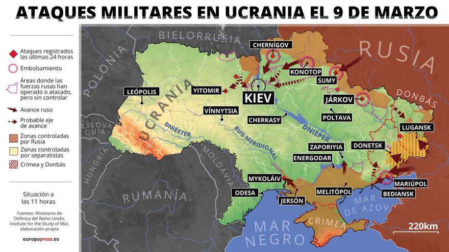 Mapa con ataques militares en Ucrania el 9 de marzo de 2022. (EP)