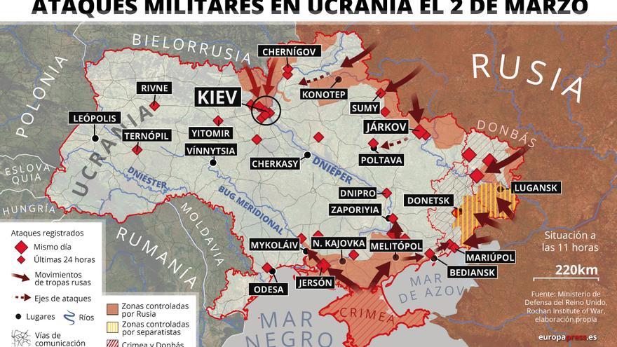 Mapa con ataques militares en Ucrania el 2 de marzo. 
