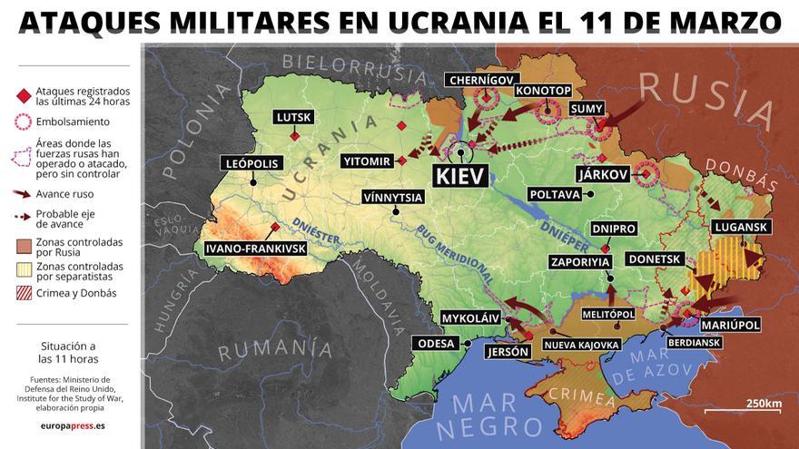 Mapa de los ataques militares este viernes 11 de marzo.