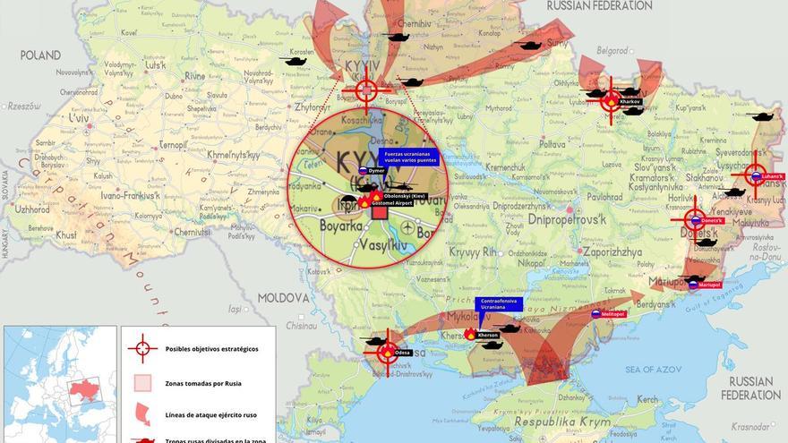 Mapa de la invasión rusa a Ucrania el 25 de febrero a las 10:00 am hora central europea. (@aaromnido)