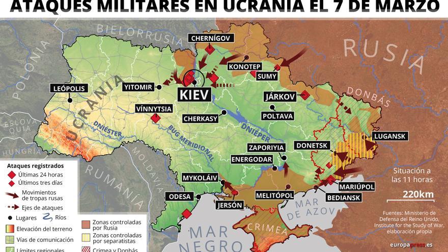 Mapa con militares en Ucrania el 7 de marzo de 2022. 