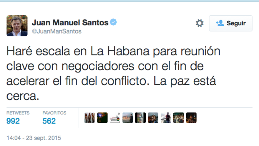 Mensaje de Juan Manuel Santos en su Twitter anunciando la escala en Cuba. (@JuanManSantos)