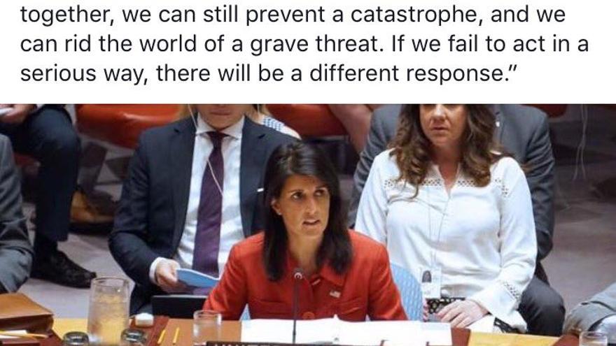Nikki Haley, anunció que su país va a presentar en los próximos días un proyecto de resolución para que el Consejo de Seguridad endurezca las sanciones contra Pyongyang. (@nikkihaley)