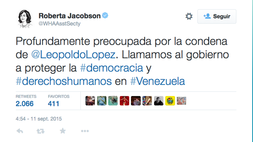 Tuit en español de Roberta Jacobson sobre Leopoldo López. (@WHAAsstSecty)