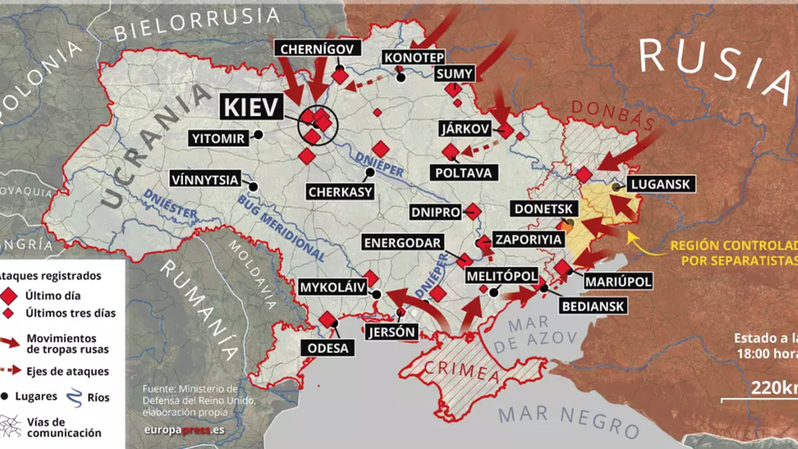 Situación militar en Ucrania este 28 de febrero. (EP)