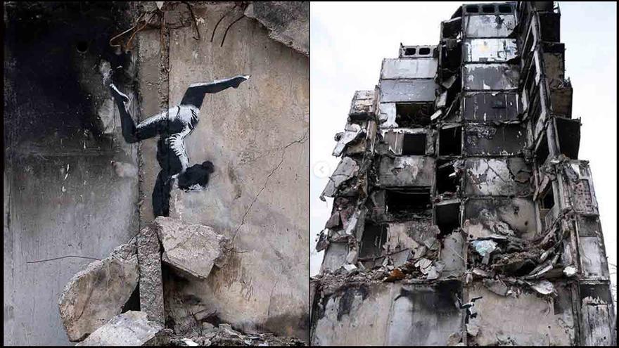 El artista británico Banksy ha plasmado uno de sus grafiti sobre la pared de un edificio en ruinas de la ciudad ucraniana de Borodyanka. (Collage)