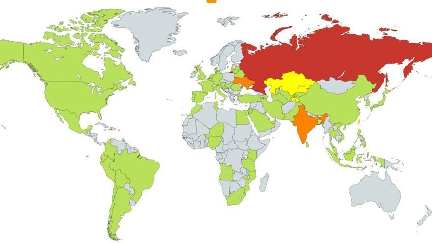 Infografia donde se muestran los países que han sido víctimas del virus informático, en donde el verde represanta pocos ataques y el rojo, muchos. (@kaspersky)