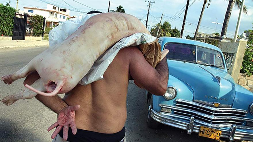 Una persona carga un puerco en plena calle de La Habana. (EFE)