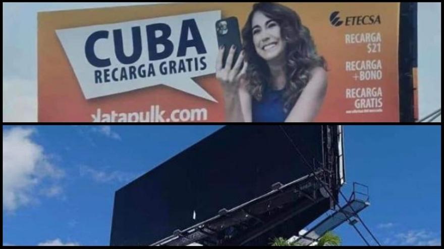 La valla publicitaba recargas a Cuba, pero este jueves fue retirada tras la presión de los opositores en Miami. (Collage)