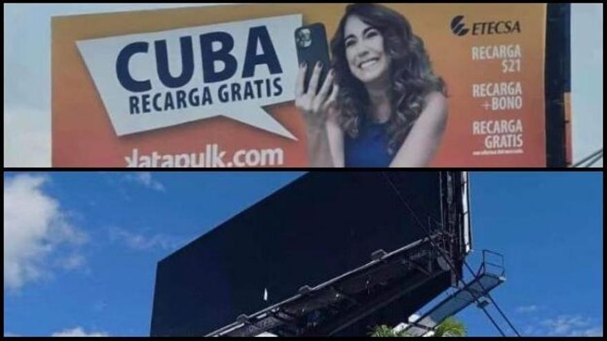La valla publicitaba recargas a Cuba, pero fue retirada tras la presión de los opositores en Miami. (Collage)