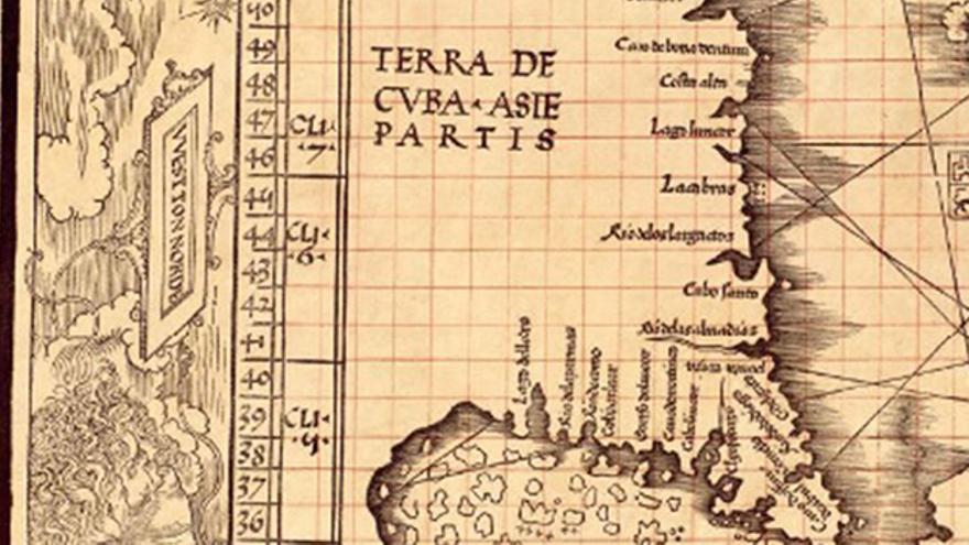 Mapa de la Isla con la descripción de "Terra de Cvba-Asie partis", que significa "Tierra de Cuba-parte de Asia".(Biblioteca del Congreso de EE UU)