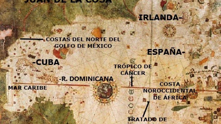 El español Juan de la Cosa realiza en 1500 el primer mapa del mundo donde aparecen las costas del continente americano. (Museo Naval de Madrid)