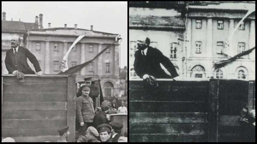 A la izquierda, Lenin ante las tropas y en unos escalones, Trotski y Kámenev. A la izquierda, un retoque donde Trotski y Kámenev son sustituidos por peldaños de madera. (Wikimedia Commons)