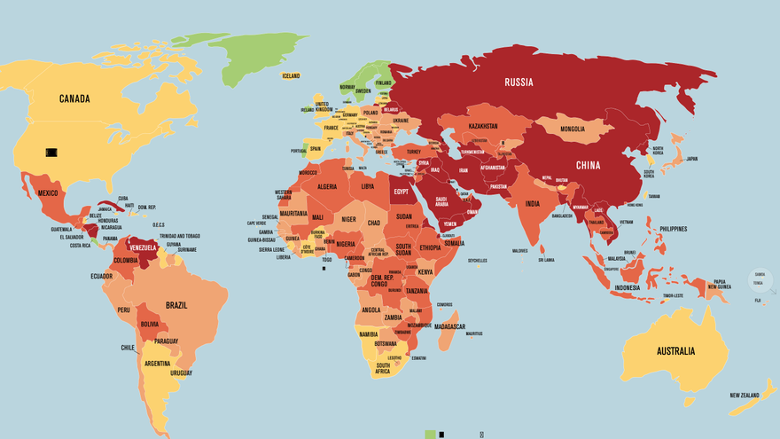 Mapa por colores de la libertad de prensa en este 2022 según la organización Reporteros Sin Fronteras. (RSF)